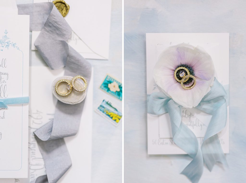 Silk ribbon draped across wedding invitations