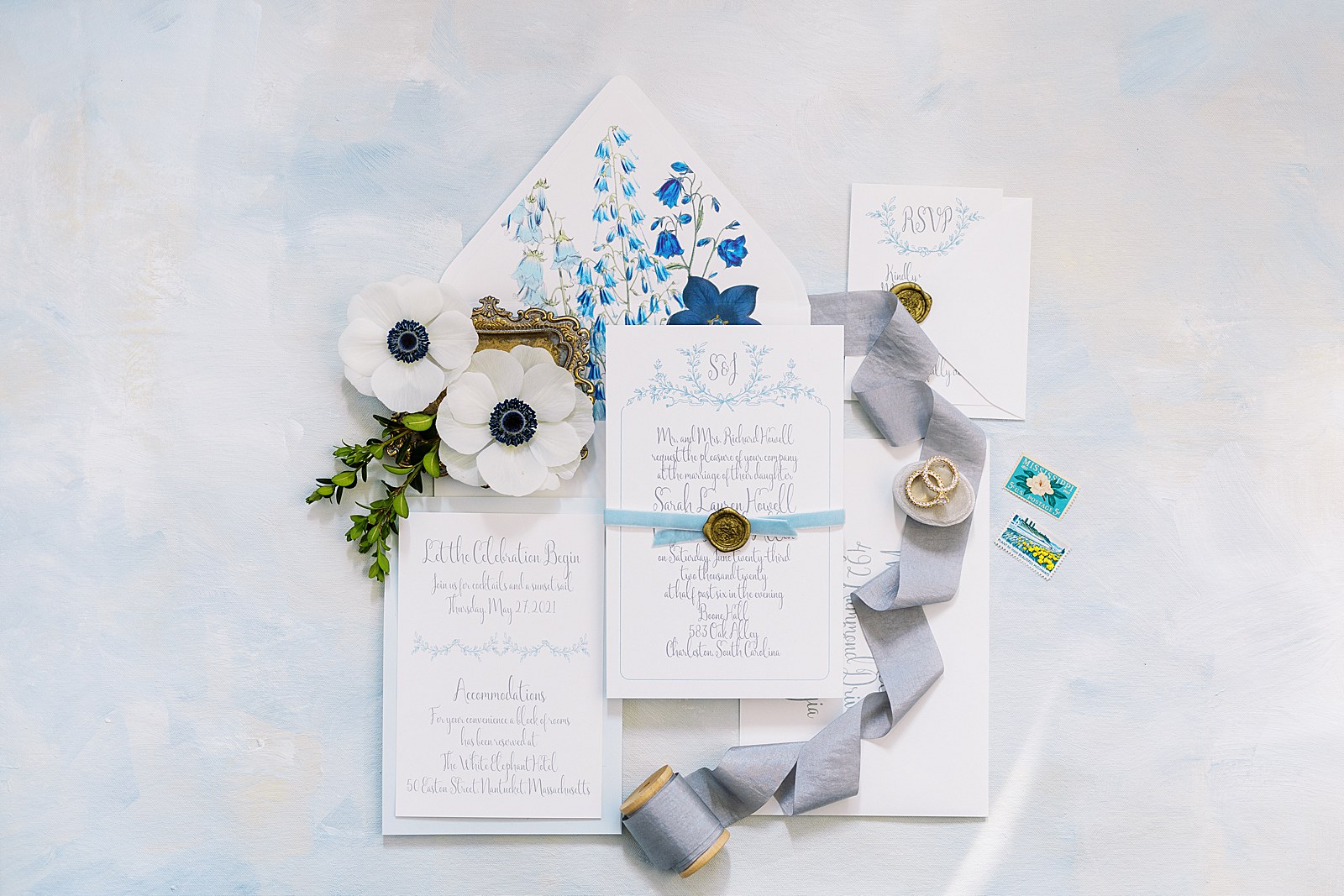 Blue flowers wedding invitation suite charlotte wedding